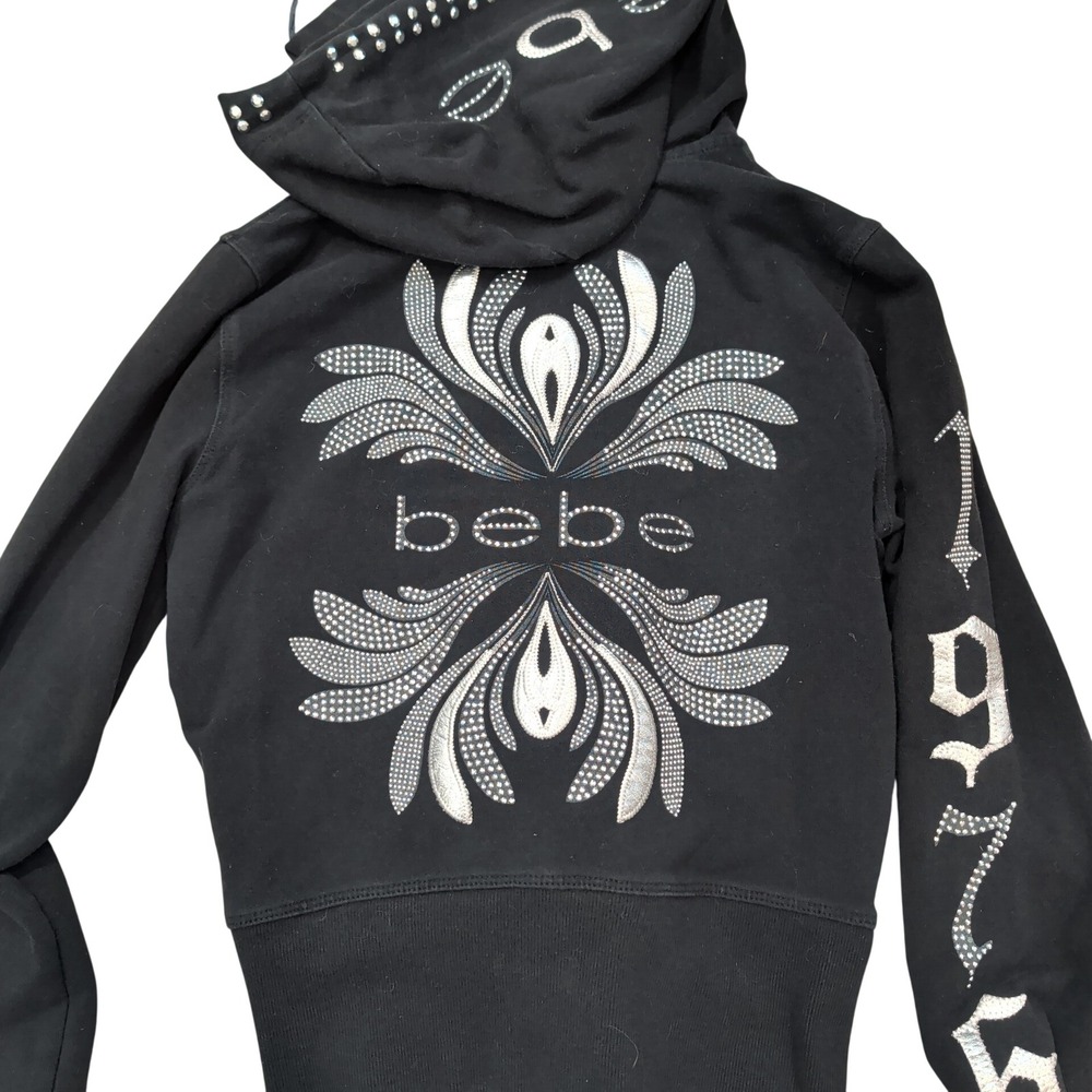 Vintage Bebe Black Rhinestone Zip Hoodie Y2K Small Made In USA McBling Mallgoth